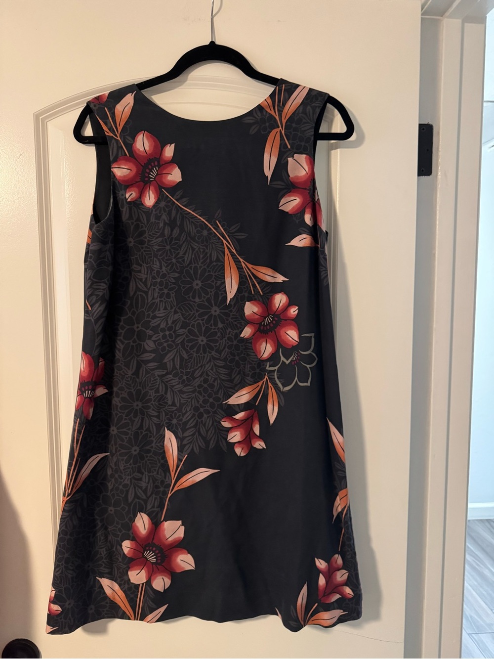 Sleeveless Black Floral A-Line Silk  Dress with Coral Blooms